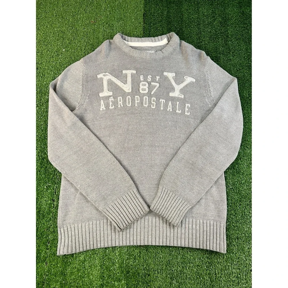 Aeropostale Mens NY EST 87 Crewneck Sweater Gray Chunky Knit Pullover Large